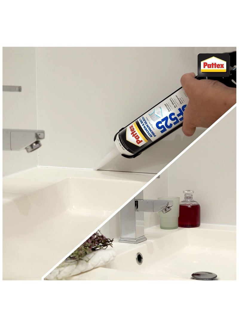 Pattex - Pattex Sf525 Silicone Sealant and Gun - Premium Kitchen And Bath silicone sealant and Heavy Duty Series Mould Resistant, Ideal For Showers, Toilets Tiles, Easy Bathroom Sealant 1X280ML Cartridge - Image 1