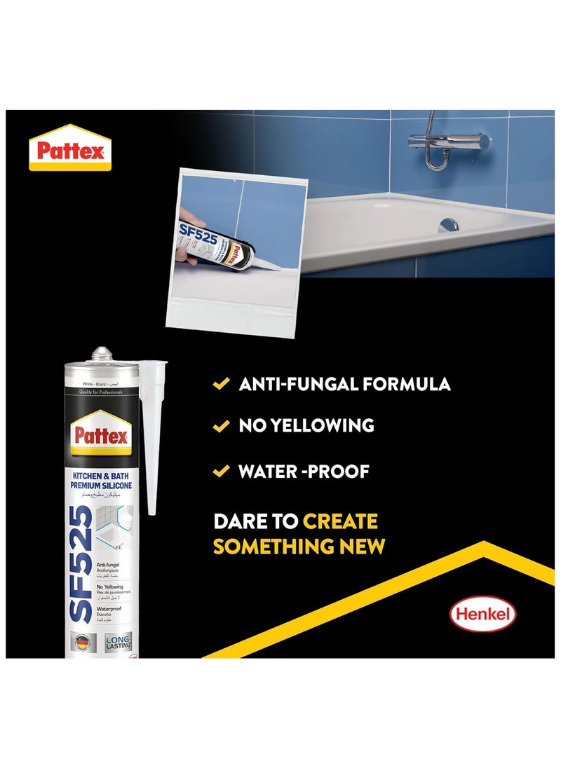 Pattex - Pattex Sf525 Silicone Sealant and Gun - Premium Kitchen And Bath silicone sealant and Heavy Duty Series Mould Resistant, Ideal For Showers, Toilets Tiles, Easy Bathroom Sealant 1X280ML Cartridge - Image 1