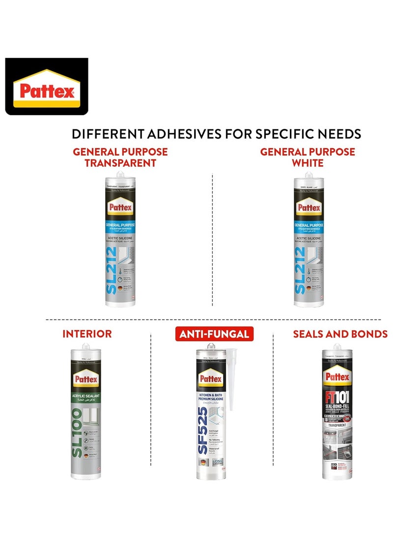 Pattex - Pattex Sf525 Silicone Sealant and Gun - Premium Kitchen And Bath silicone sealant and Heavy Duty Series Mould Resistant, Ideal For Showers, Toilets Tiles, Easy Bathroom Sealant 1X280ML Cartridge - Image 1