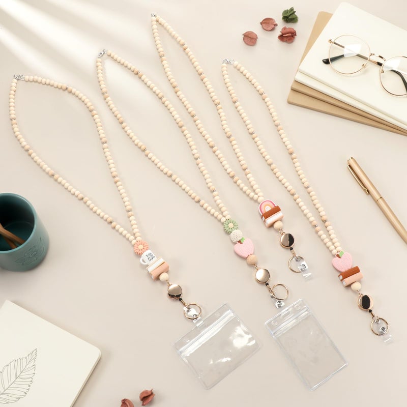 Lerheedi 4 Set Teacher Gifts Lanyard with ID Holder Wooden Silicone Beaded Retractable Lanyards for ID Card Badges Key Ring (Boho) - Image 5