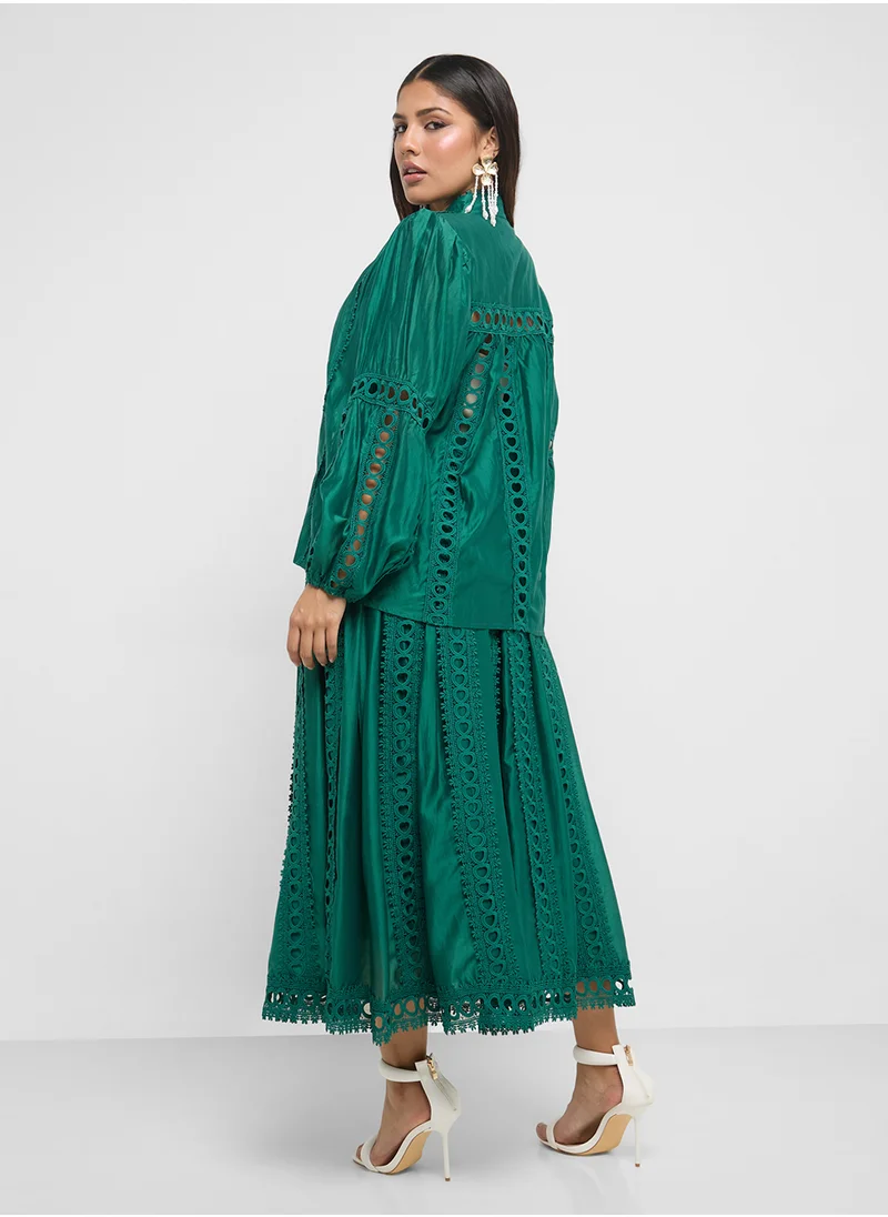 Khizana Top & Skirt Set With Lace Trim