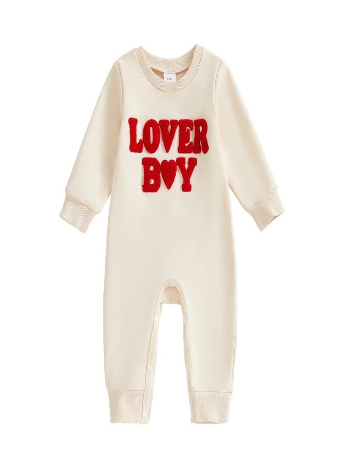 KMBANGI Newborn Baby Boy Valentines Day Romper Lover Boy Jumpsuit Long Sleeve Embroidered Bodysuit Sweatshirt Spring Clothes (Beige, 3-6 Months) - Image 1