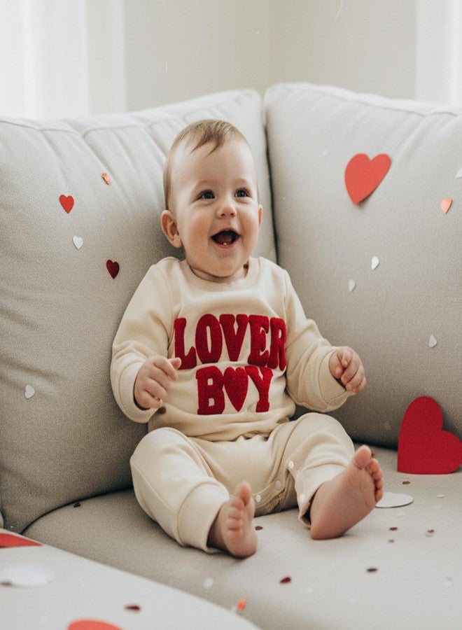KMBANGI Newborn Baby Boy Valentines Day Romper Lover Boy Jumpsuit Long Sleeve Embroidered Bodysuit Sweatshirt Spring Clothes (Beige, 3-6 Months) - Image 3
