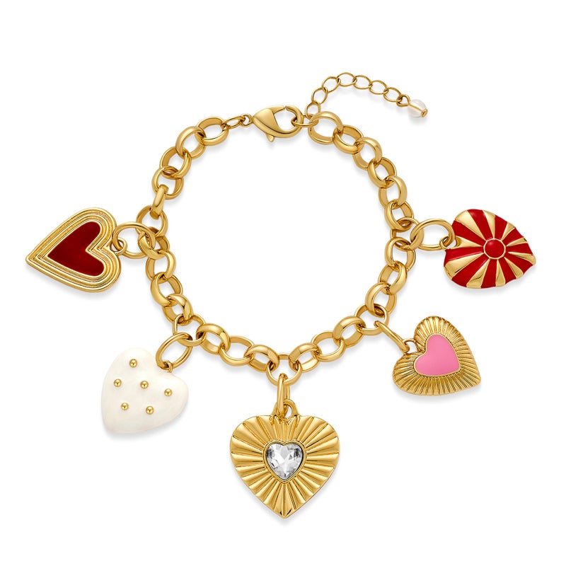 INNERDIVA Gold Heart Charm Bracelet for Women, 5 Unique Heart Pendants on Eco-Friendly Zinc Alloy Link Chain Jewelry Gifts - Image 1
