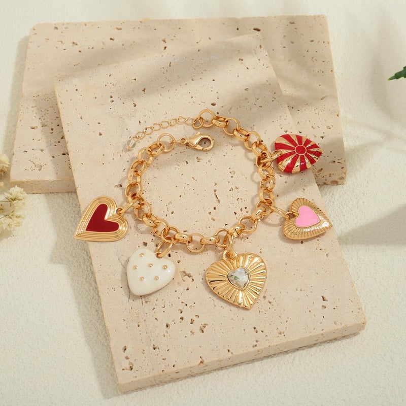 INNERDIVA Gold Heart Charm Bracelet for Women, 5 Unique Heart Pendants on Eco-Friendly Zinc Alloy Link Chain Jewelry Gifts - Image 4