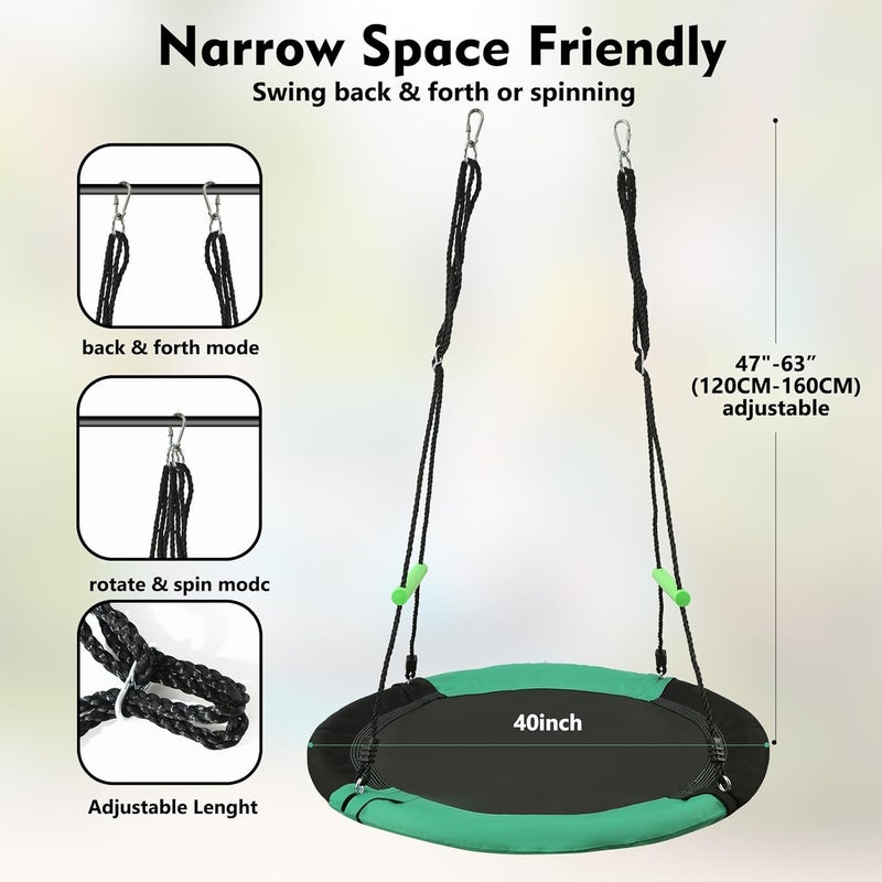 YSEJOMP Black Round Saucer Swing with Handles -Made of Sturdy Frame,PP Mat,Adjustable Multi-Strand Ropes,Safe and Durable for Yard Garden Playground Park (Black and Dark Green, 40 inches) - Image 3