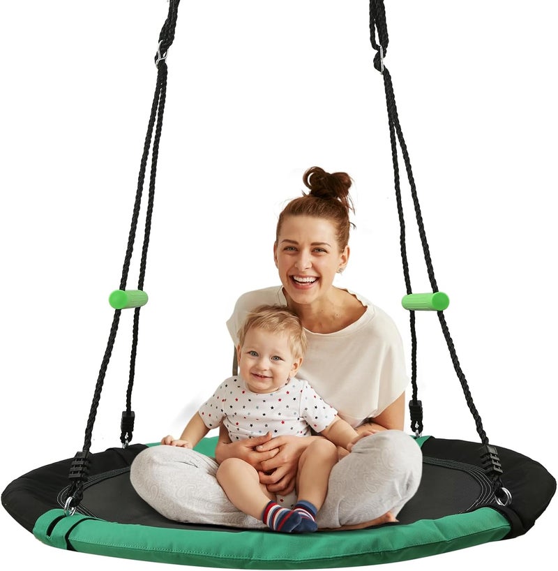 YSEJOMP Black Round Saucer Swing with Handles -Made of Sturdy Frame,PP Mat,Adjustable Multi-Strand Ropes,Safe and Durable for Yard Garden Playground Park (Black and Dark Green, 40 inches) - Image 1