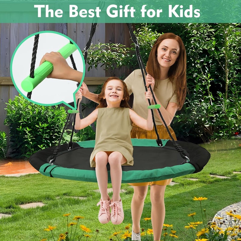 YSEJOMP Black Round Saucer Swing with Handles -Made of Sturdy Frame,PP Mat,Adjustable Multi-Strand Ropes,Safe and Durable for Yard Garden Playground Park (Black and Dark Green, 40 inches) - Image 2