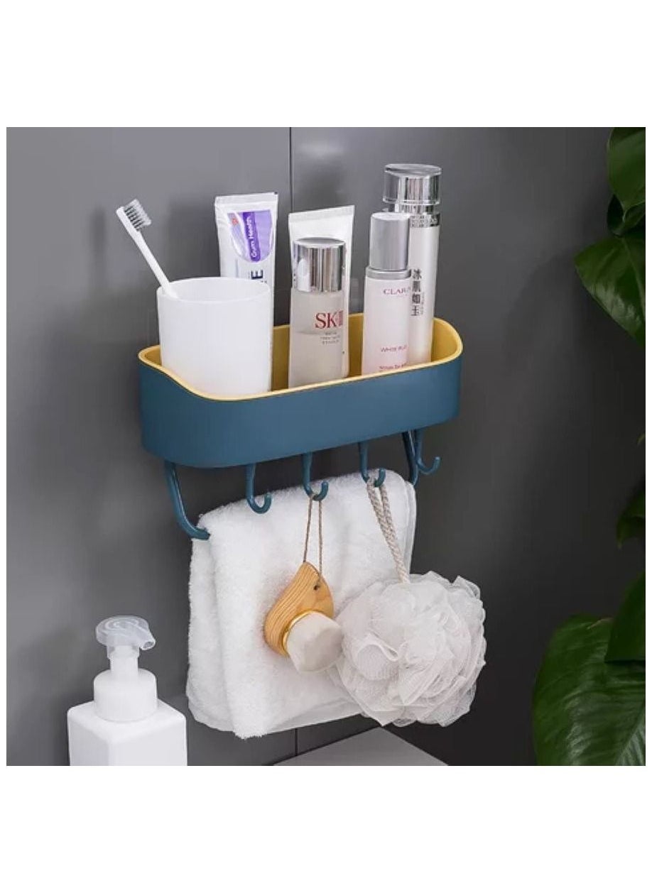 Bathroom Shelf, Plastic Bathroom Rack, Self-Adhesive Shower Caddy, No Drilling Bathroom Organizer, Bathroom Toiletries Holder, Shower Rack with 4 Hooks and Towel Bar. 