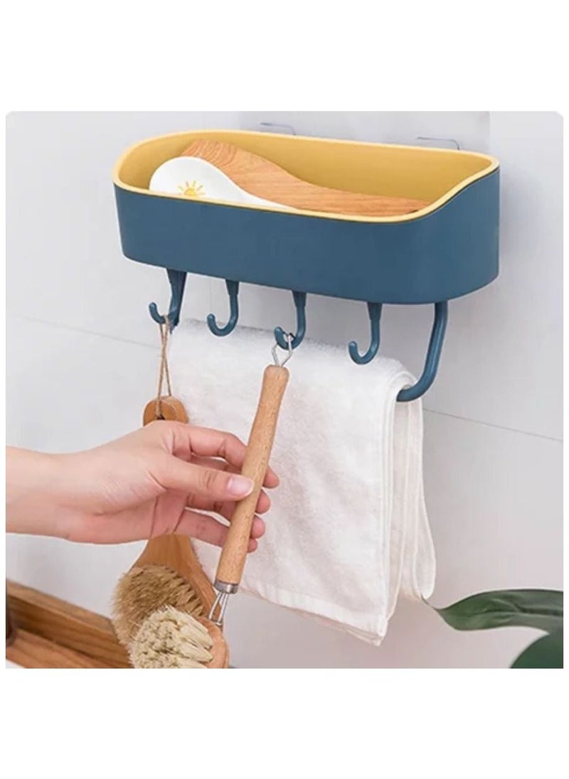 UrbanEssentia - Bathroom Shelf, Plastic Bathroom Rack, Self-Adhesive Shower Caddy, No Drilling Bathroom Organizer, Bathroom Toiletries Holder, Shower Rack with 4 Hooks and Towel Bar. - Image 1