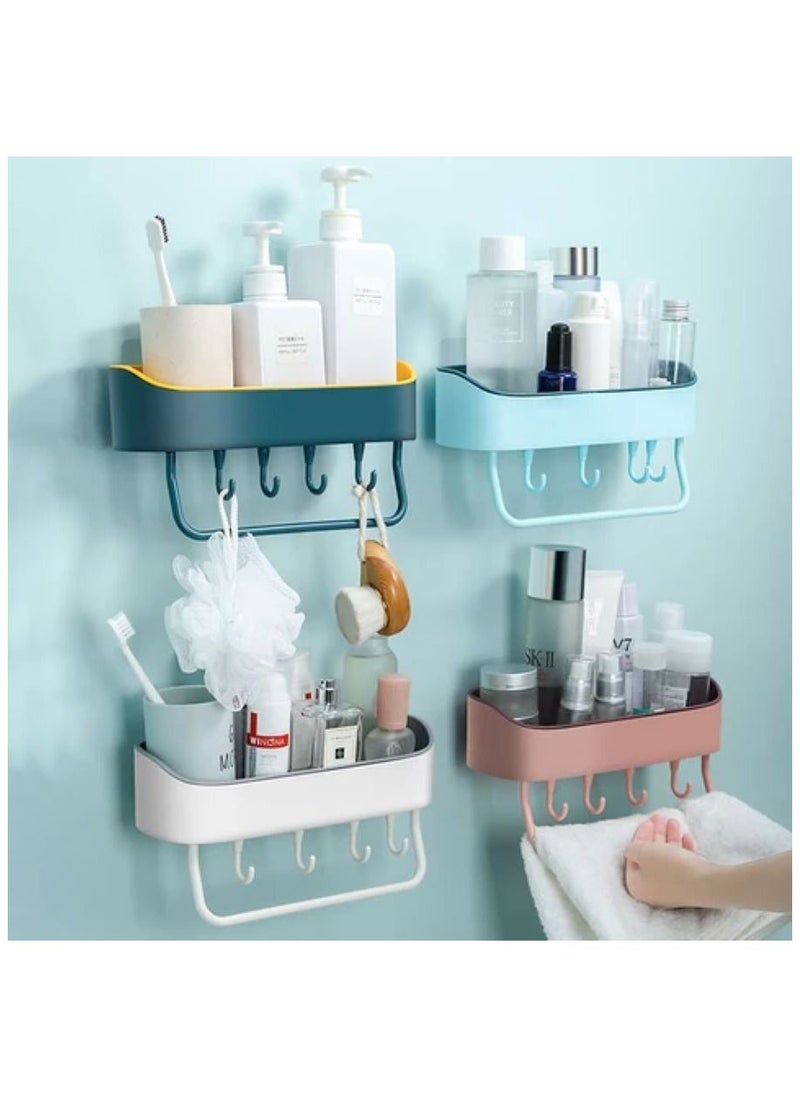 UrbanEssentia - Bathroom Shelf, Plastic Bathroom Rack, Self-Adhesive Shower Caddy, No Drilling Bathroom Organizer, Bathroom Toiletries Holder, Shower Rack with 4 Hooks and Towel Bar. - Image 1
