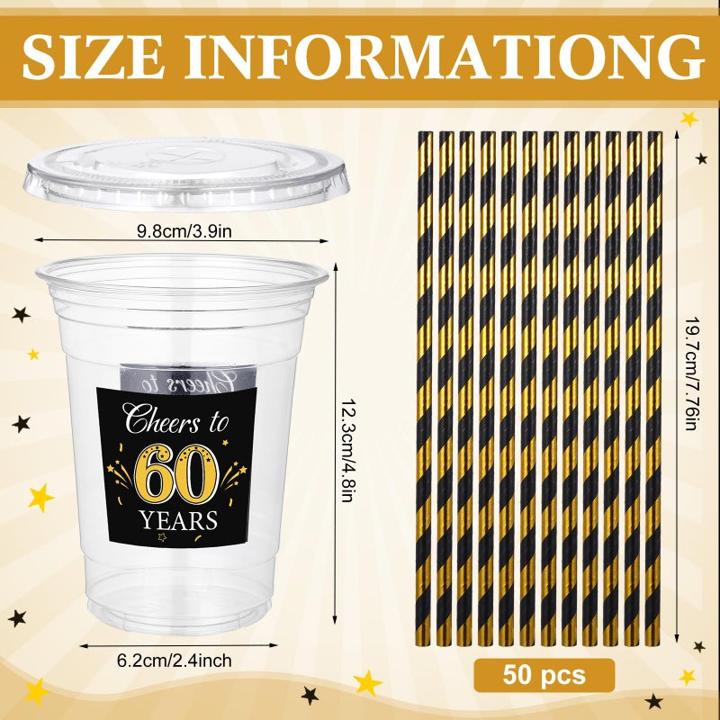 Sliner 50 Sets 60th Birthday Party Plastic Cups with Lids and Straws 16 oz Cheers to 60 Years Clear Plastic Cups Bulk Happy Birthday Disposable Drinking Cups for Birthday Wedding Anniversary Supplies - Image 2