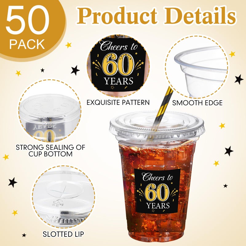 Sliner 50 Sets 60th Birthday Party Plastic Cups with Lids and Straws 16 oz Cheers to 60 Years Clear Plastic Cups Bulk Happy Birthday Disposable Drinking Cups for Birthday Wedding Anniversary Supplies - Image 1