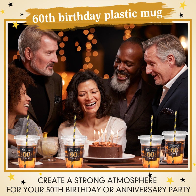 Sliner 50 Sets 60th Birthday Party Plastic Cups with Lids and Straws 16 oz Cheers to 60 Years Clear Plastic Cups Bulk Happy Birthday Disposable Drinking Cups for Birthday Wedding Anniversary Supplies - Image 4