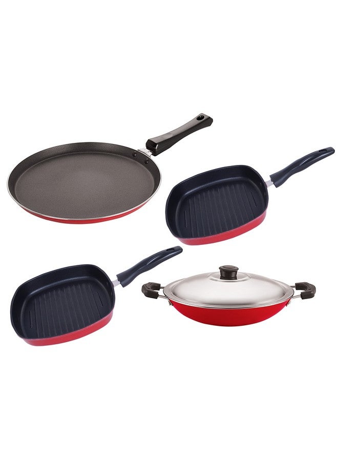 Nirlon Non-Stick Aluminum Cookware Set, 4-Piece, Red and Black (FT12_AC_GP22.5_GP24)