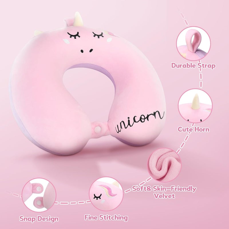 OBloved Kids Neck Pillow, Unicorn Kids Travel Neck Pillow for Traveling with Eye Mask, Toddler Travel Essentials for Road Trip Airplane Car Seat, Cute Headrest Memory Foam Pillows for Girl Gift (Pink) - Image 2