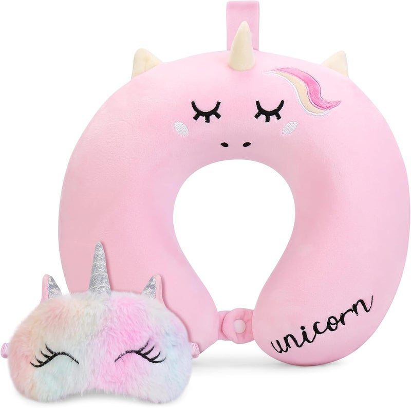 OBloved Kids Neck Pillow, Unicorn Kids Travel Neck Pillow for Traveling with Eye Mask, Toddler Travel Essentials for Road Trip Airplane Car Seat, Cute Headrest Memory Foam Pillows for Girl Gift (Pink) - Image 1
