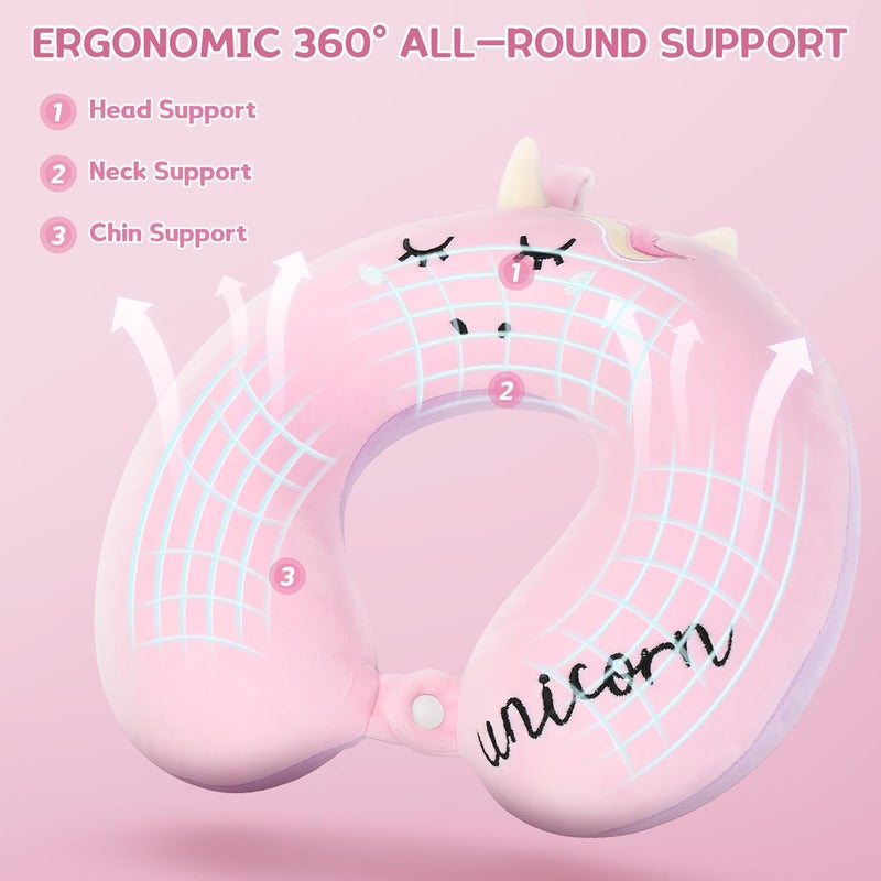 OBloved Kids Neck Pillow, Unicorn Kids Travel Neck Pillow for Traveling with Eye Mask, Toddler Travel Essentials for Road Trip Airplane Car Seat, Cute Headrest Memory Foam Pillows for Girl Gift (Pink) - Image 4