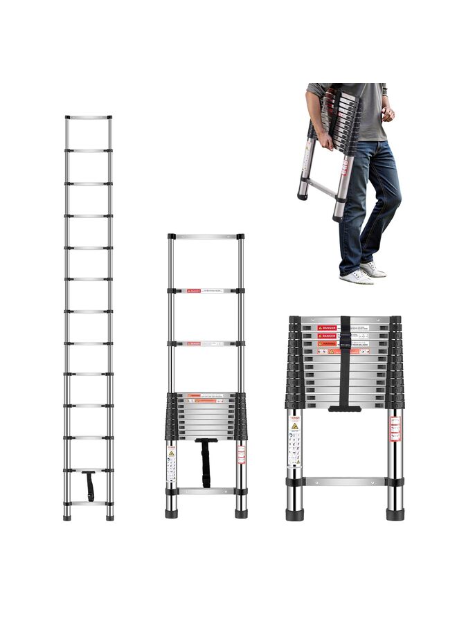 3.8m Telescoping Extension Ladder, 12.5FT Folding Stainless Steel Telescoping Foldable Multi Purpose Extendable for Indoor Outdoor, Anti-Slip Max 330 lbs Load for Home, RV, Loft - Image 1