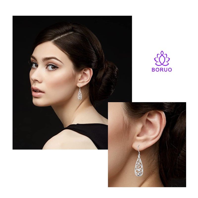 BORUO 925 Sterling Silver Earrings, BoRuo Filigree Teardrop Earrings - Image 3