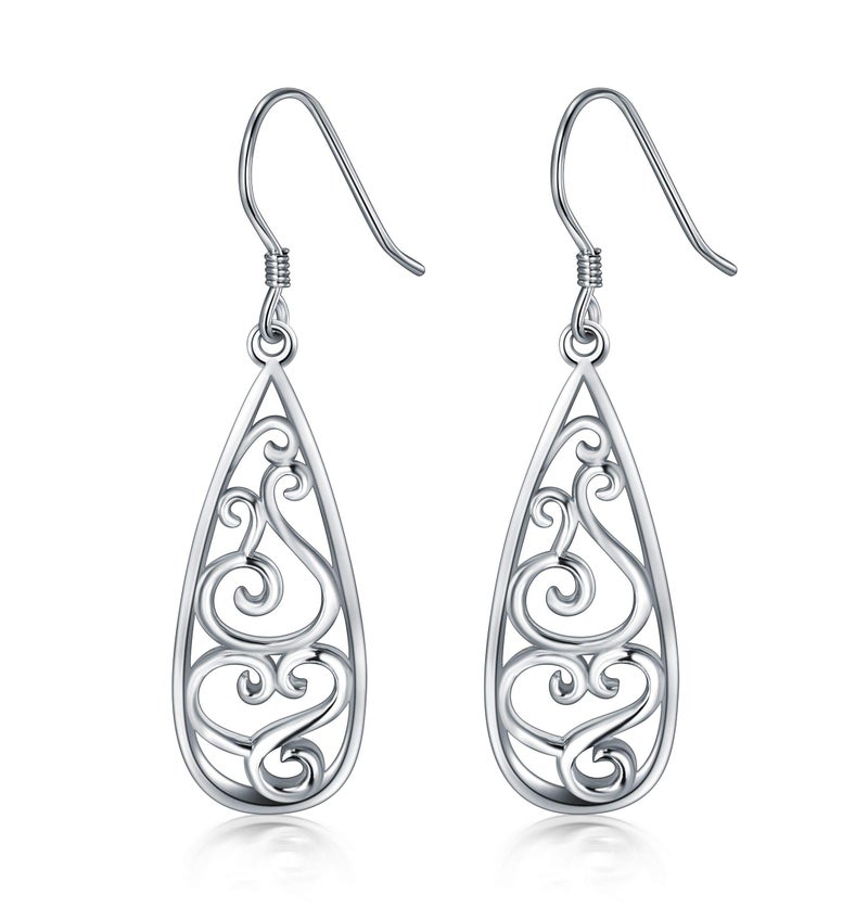 BORUO 925 Sterling Silver Earrings, BoRuo Filigree Teardrop Earrings - Image 1