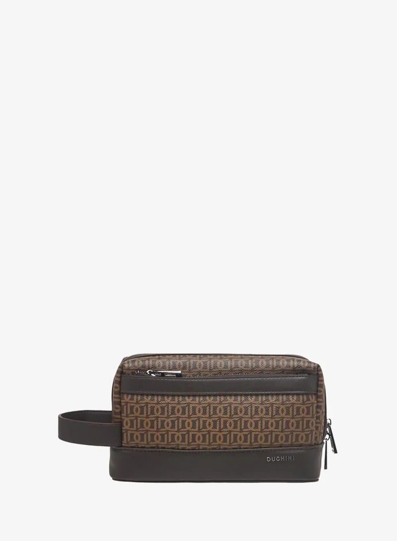 DUCHINI Monogram Print Pouch with Wrist Handle and Zip Closure