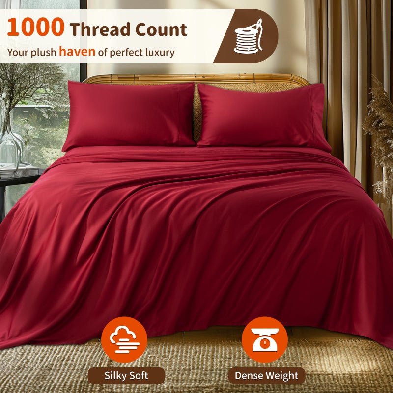 LBRO2M LBRO2M 1000 Thread Count 100% Egyptian Cotton Sheets Set California King Size  4 Piece Sets Bed Sheet Deep Pocket Sheet Set 16"" Soft Comfortable All Season (California King  Burgundy)  - Image 2