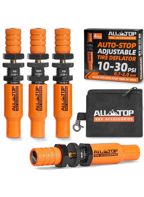 Professional Auto-Stop Tire Deflator Kit (4-Piece) - Precision 10-30 PSI Adjustment with Locking Valve Caps, Ultimate Off-Road Air Down Tool for 4x4 Vehicles