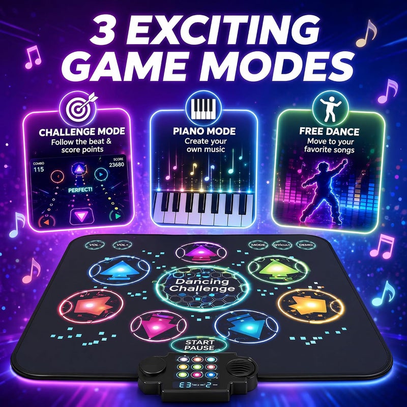 Upgraded Dance Mat Toys for Kids 3+Years, Electronic Dance Pad with Light-Up 9-Buttons, 3 Game Modes, Adjustable 7-Level Volume, 9 LED Game Lights, Birthday for Girls and Boys - Image 4