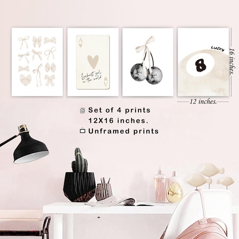 okaxscm Beige Coquette Trendy Preppy Wall Art Prints Set of 4 Coquette Room Decor  Preppy Room Decor Aesthetic Beige Bow Disco 8 Ball Cherry Wall Decor Posters for Girls Bedroom Dorm  12x16 Unframed - Image 3