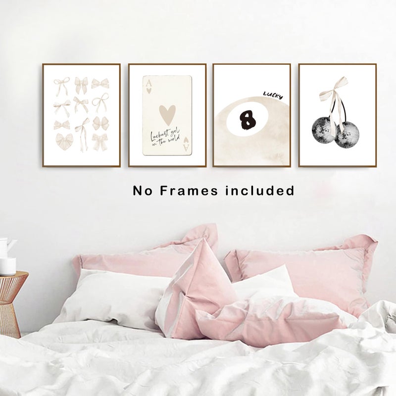 okaxscm Beige Coquette Trendy Preppy Wall Art Prints Set of 4 Coquette Room Decor  Preppy Room Decor Aesthetic Beige Bow Disco 8 Ball Cherry Wall Decor Posters for Girls Bedroom Dorm  12x16 Unframed - Image 4