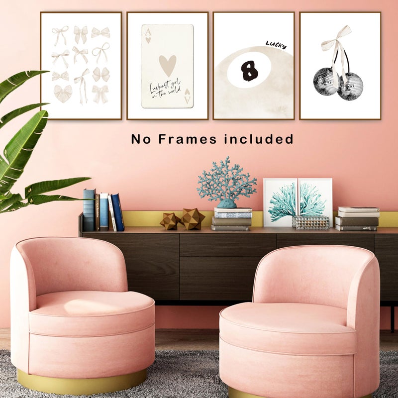 okaxscm Beige Coquette Trendy Preppy Wall Art Prints Set of 4 Coquette Room Decor  Preppy Room Decor Aesthetic Beige Bow Disco 8 Ball Cherry Wall Decor Posters for Girls Bedroom Dorm  12x16 Unframed - Image 5
