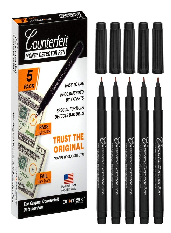 Dri Mark قلم كشف العملات المزيفة Dri Mark CFD5PK، صنع في الولايات المتحدة الأمريكية، حبر أكثر بثلاث مرات، حجم الجيب، مدقق العملات المزيفة - جهاز اختبار لمنع فقدان الأموال وحماية من الاحتيال للعملة الأمريكية (عبوة من 5) - Image 1