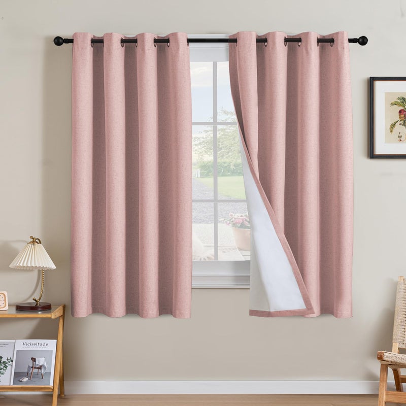 H.VERSAILTEX Linen Curtains 100% Blackout Curtains for Bedroom 63 inch Long Full Light Blocking Nature Linen Blended Window Curtains for Living Room Nickel Grommet (2 Panels  Heathered Baby Pink) - Image 1
