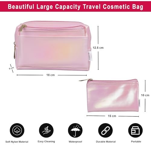 Shamax® Pouches, Makeup Organizer, Cosmetic Travel Organizer Pouch,Zipper Closure Portable Makeup Pouch, Stationery Bag for Students Girls Adults Office with Pockets, Toiletry Bag(Pack of 2) (Pink) - Image 4