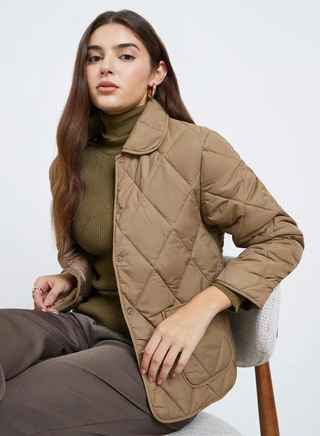 Styli Brown Quilted Padded Jacket with Collar