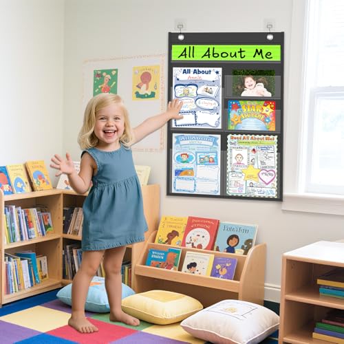 ALSLEA 2 Piece Black Pocket Chart for Classroom Resources News Cards Assignments Posters Anchore Charts Drawing Pictures Display 6 Pockets Preschool Bulletin Board Hanging Chart No Cards - Image 3