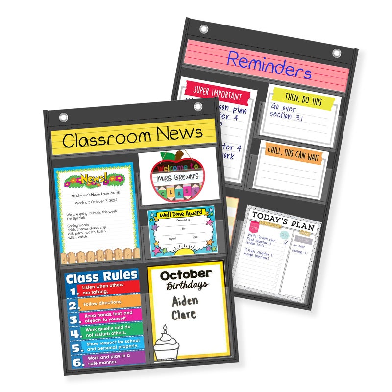 ALSLEA 2 Piece Black Pocket Chart for Classroom Resources News Cards Assignments Posters Anchore Charts Drawing Pictures Display 6 Pockets Preschool Bulletin Board Hanging Chart No Cards - Image 2