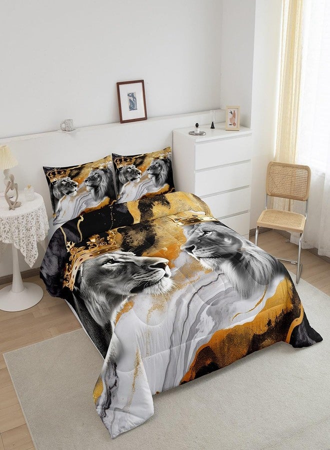 Homewish Lion Couple Full Size Comforter Set,African Tropical Wild Animal Bedding Comforters Bedroom Collection,Crown Decor Gold Black Marble Print Bedding Set for Girls Teens - Image 3