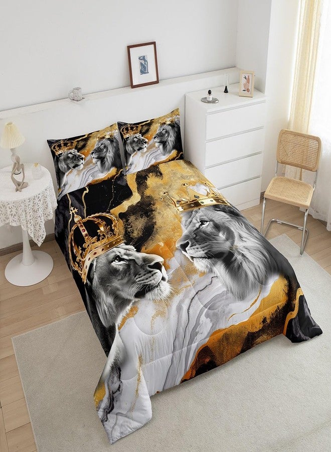Homewish Lion Couple Full Size Comforter Set,African Tropical Wild Animal Bedding Comforters Bedroom Collection,Crown Decor Gold Black Marble Print Bedding Set for Girls Teens - Image 4