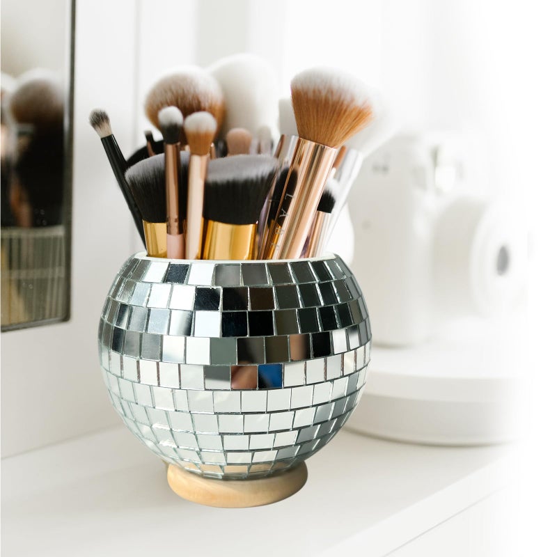 FlidRunest Disco Makeup Brush Organizer Mirror Ball Cosmetic Brush Cup Reflects Light Unique Storage Holder for Counter Dresser Bedroom
