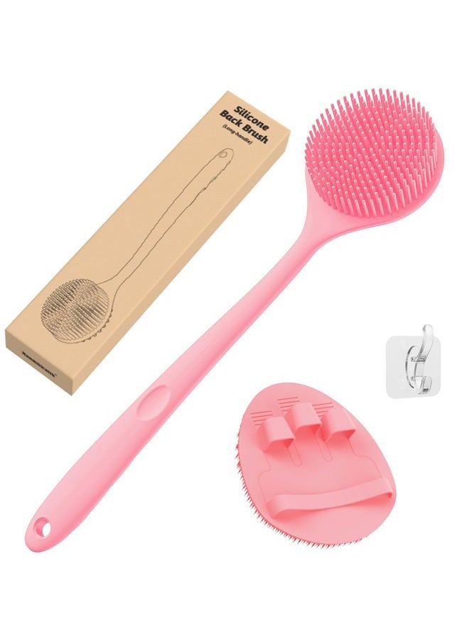 Manmihealth Silicone Back Scrubber(Thin Bristles) & Soft Bath Brushes Set, Super-Cleaning Body Scrubber & Super-Lathering Soft Bath Glove Combination, with a Free Hook.(Pink) - Image 1