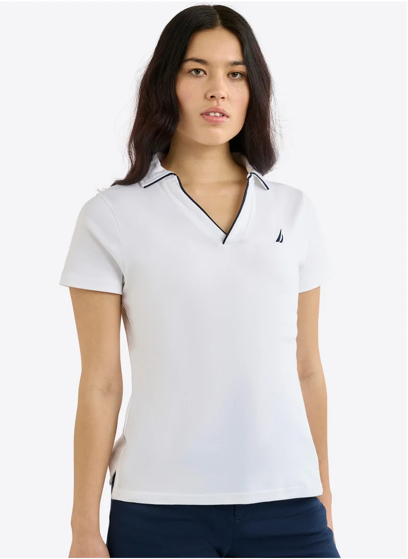 نوتيكا Women's White Short Sleeve V- Neck Polo Shirt, Lightweight Summer Collection