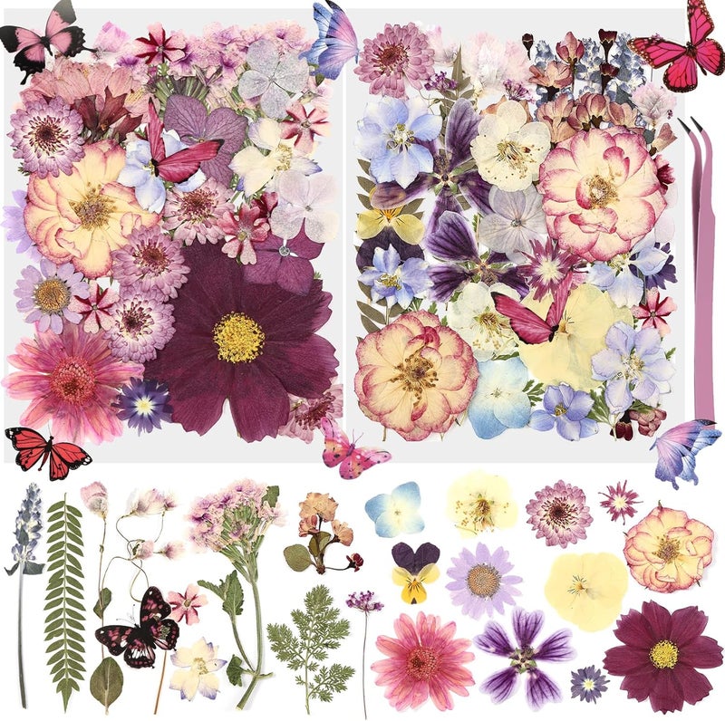 Eshow 50Pcs Dried Pressed Flowers for Crafts and 40Pcs Butterfly Stickers, Natural Dry Flowers for Resin with Tweezer for Scrapbooking DIY Art Crafts, Epoxy Jewelry Molds, Candle, Soap Making - Image 1