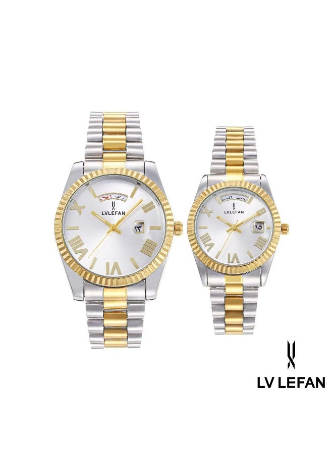ليفان طقم ساعة يد للزوجين ضد الماء الفولاذ المقاوم للصدأ حزام زوجين الكوارتز ووتش مجموعة، الفاخرة مضيئة للماء التقويم ووتش هدية
