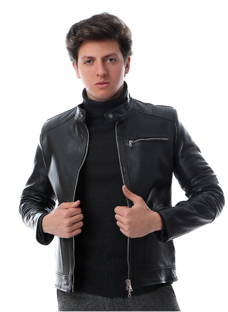 Generic Band Neck Leather(c33)Jacket With Pockets genuine leather 100%  - Image 1