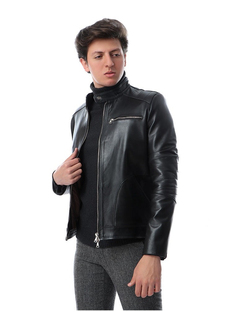 Generic Band Neck Leather(c33)Jacket With Pockets genuine leather 100%  - Image 2