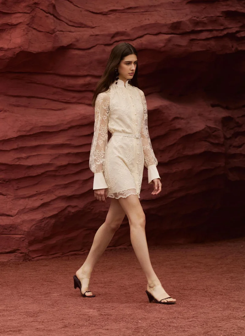 Guipure mini dress with eco-leather belt