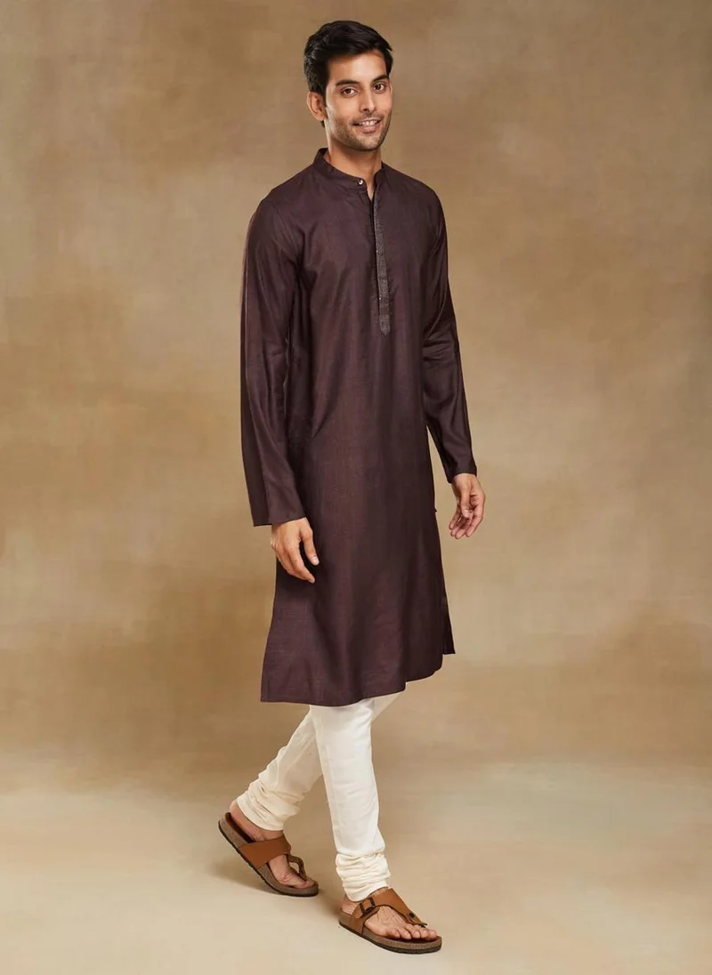 فاب انديا Wine Viscose Silk Slim Fit Long Kurta