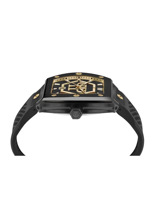 فيليب بلين THE HEXAGON PHANTOM Philipp Plein Men's 44mm Watch, Black Honeycomb Dial with Gold Accents, Silicone Strap, Swiss Quartz Movement